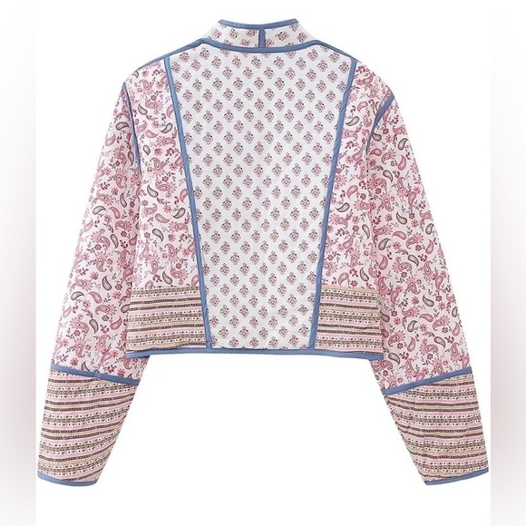 Cropped Puffer Jacket Stand Collar Floral Printed Open Front Quilted Lig… - Picture 4 of 15